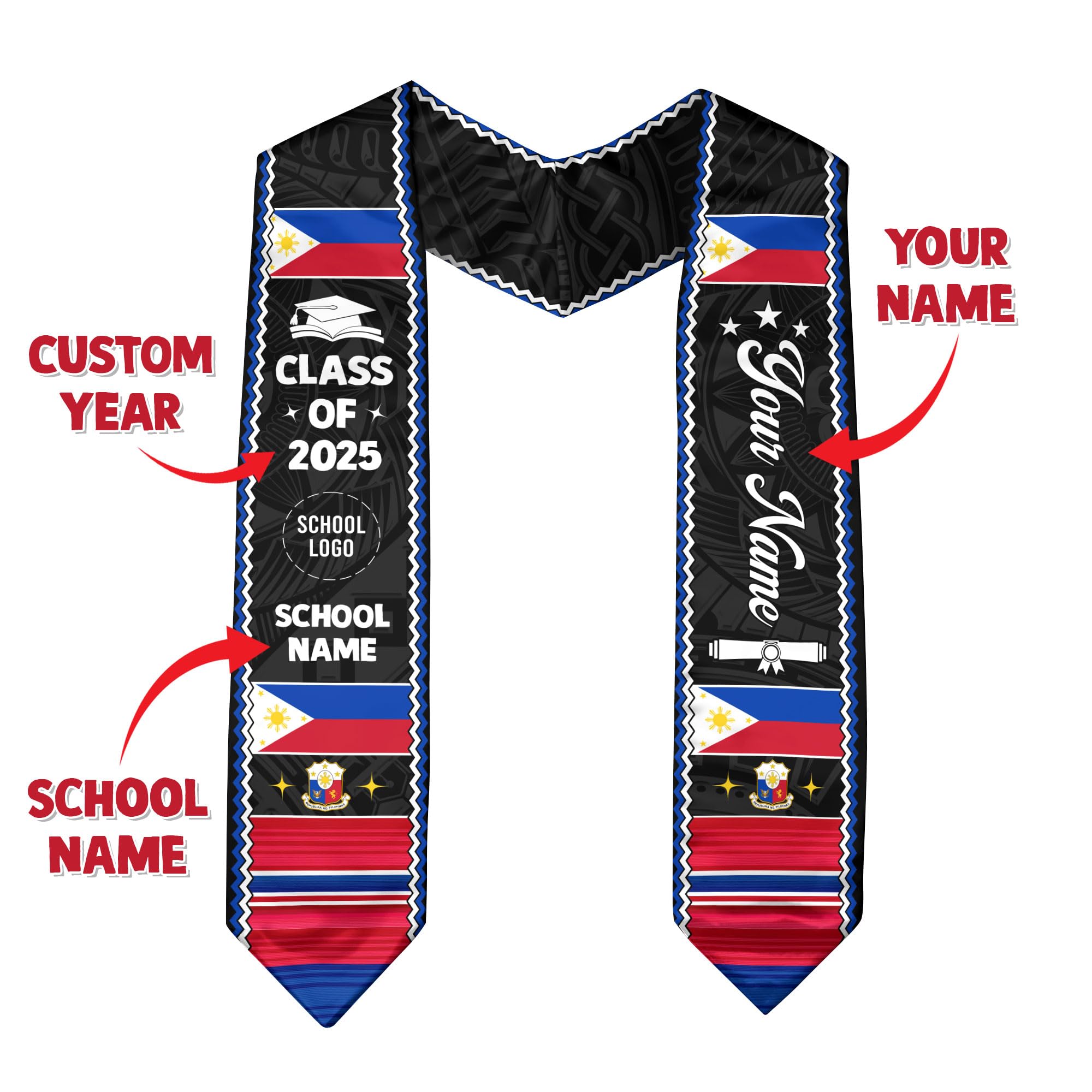Customized Philippines Graduation Stole 2025, Custom Filipino Graduation Sash, Class of 2025, Filipino American Flag 1