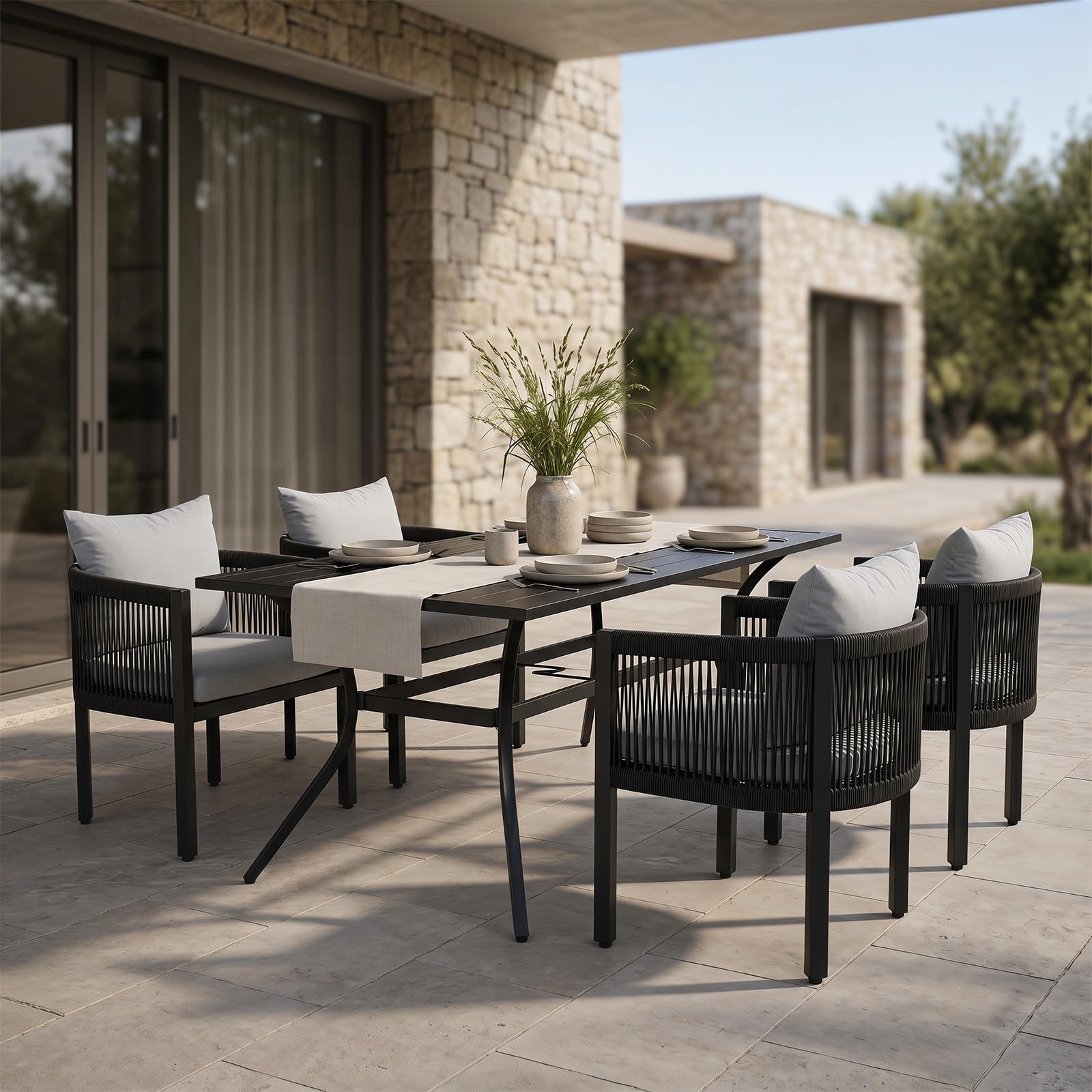 Ya-Home Gartenstühle 4er Set, Loungesessel Outdoor wetterfest, Balkonmöbel Lounge, Terrassenstühle mit Rücken Kissen und Sitzpolster, Gartenmöbel Sessel Rope Design für Garten & Balkon, Grau