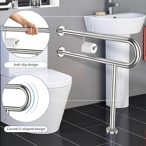 Miniatura 3 de ZUEXT - Barra de apoyo para inodoro con patas de 31.5 x 28 pulgadas, barra de soporte de inodoro moleteada cromada con soporte para papel higiénico,