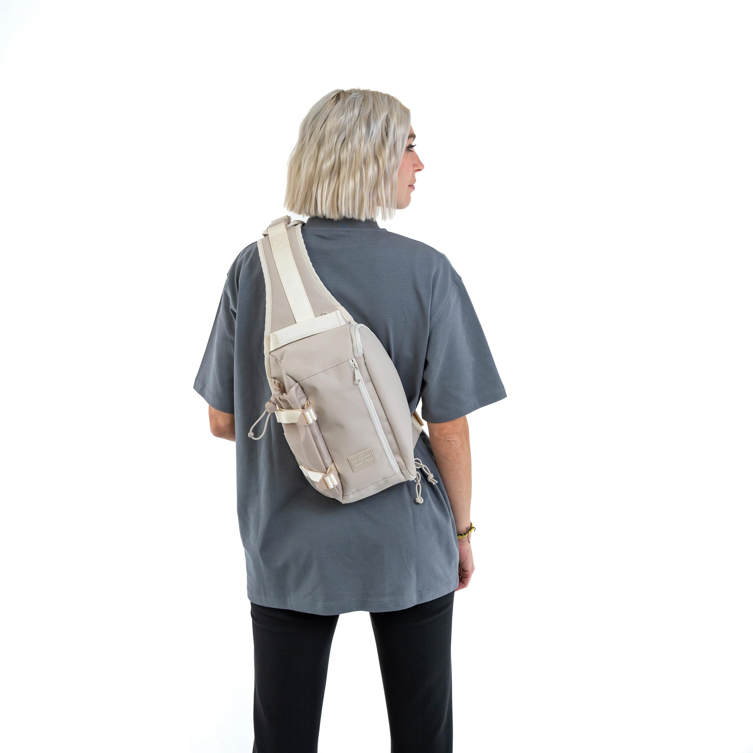 Johnny Urban Slingbag Femmes Hommes Beige - Charlie - Sac à Épaule Bag Randonnée Voyage - Matériau indéchirable et Durable - Pochette pour Bouteille d'eau