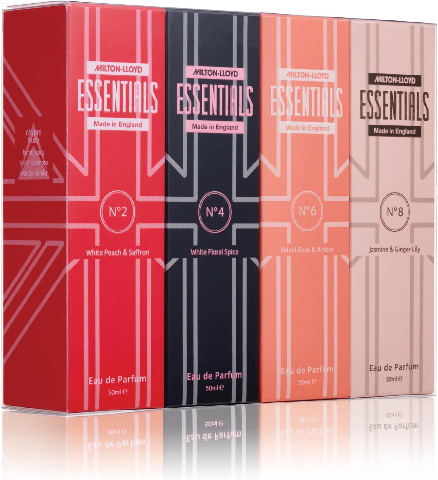 Milton-Lloyd Essentials Quad Pack for Her – 4 x 50ml Ladies Perfume Set (No2, No4, No6, No8) – Perfume for Women Gift Set – Long-Lasting Luxury Eau de Parfum for Women – Made in England