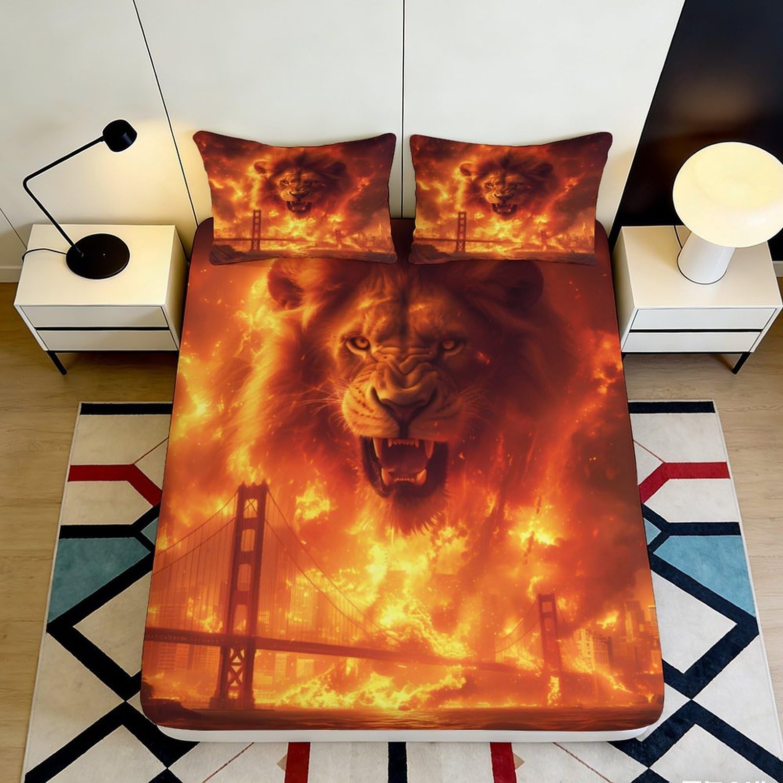 3D Printed Fiery Lion Fitted Sheet Microfiber Soft Durable Roaring Lion Bed Sheet for Bedroom Dormitory Guest Room Mattress Cover Fire Decor 120x200x25cm