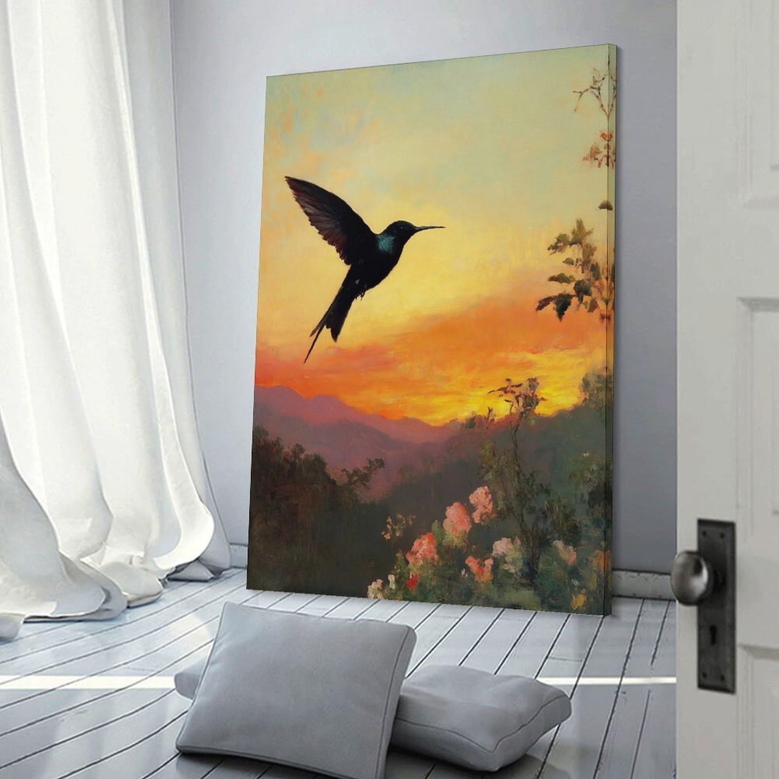 Junmoney Frame-Style-5 Canvas Art Print Hummingbird Sunset, 20X30inch(50X75cm), For Contemporary Homes, Apartments Or Offices, Decorative Canvas Decor For Home Updates