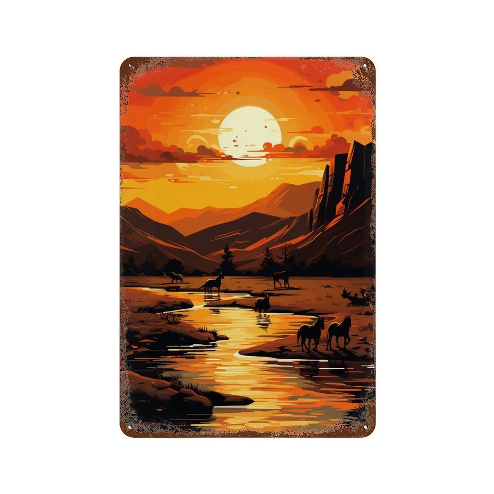 Western Sunset Landscape Decorative Tin Sign 11.8"x7.9", Vintage Wall Decor for Basement, Hobby Room And Garage Decor