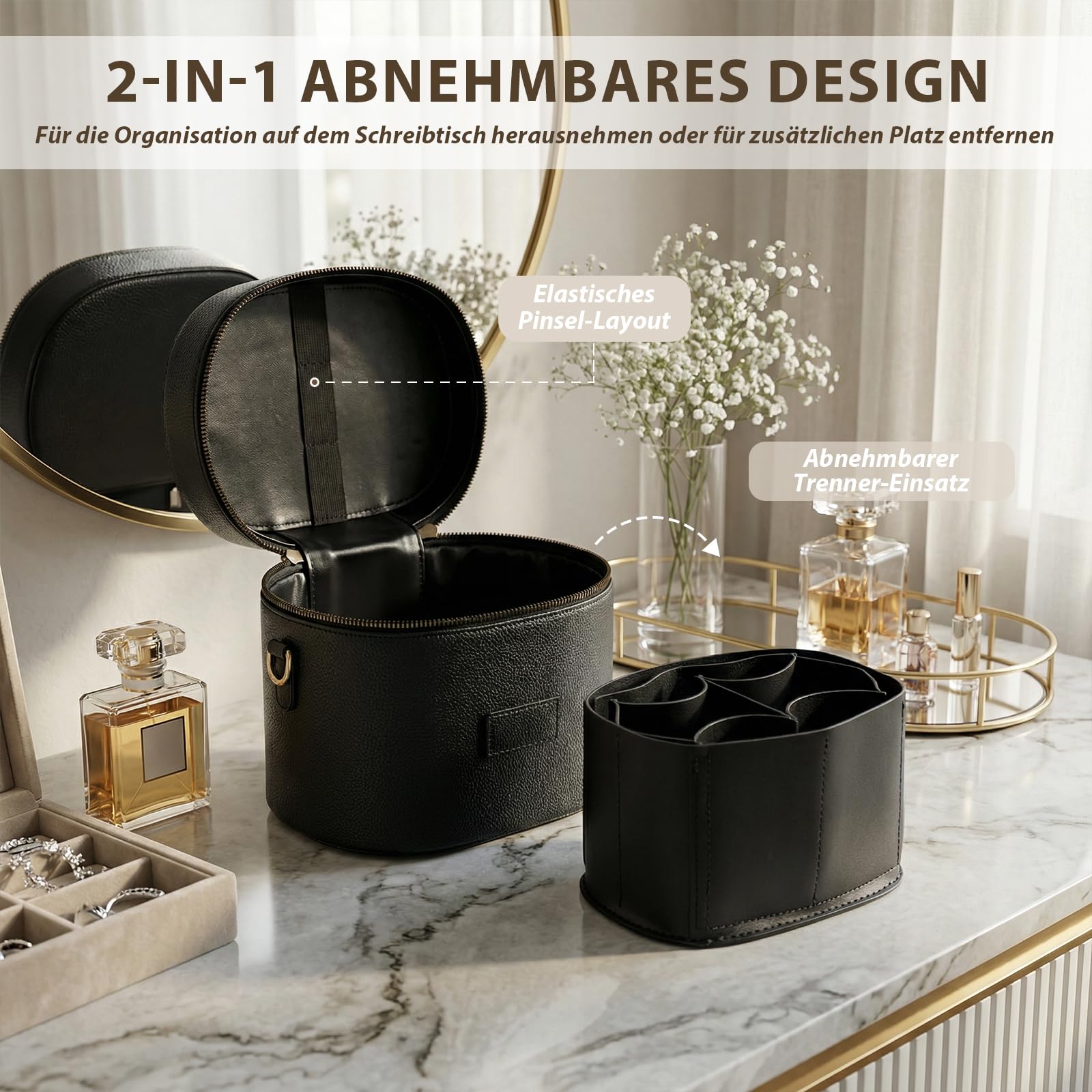 Kosmetiktasche Damen, Make Up Tasche für Frauen – Leder Vanity Case mit herausnehmbarer Trennwand, Waschbare Fächer