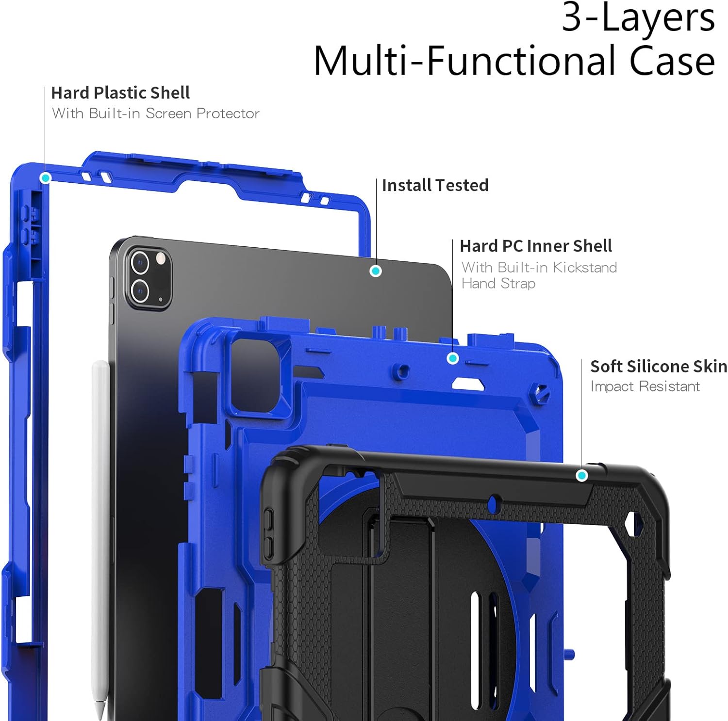 for iPad Pro 12.9 inch Case (2022/2021/2020/2018), 360 Rotating Shockproof Cover with Stand, Screen Protector, Shoulder Strap, Dark Blue PC