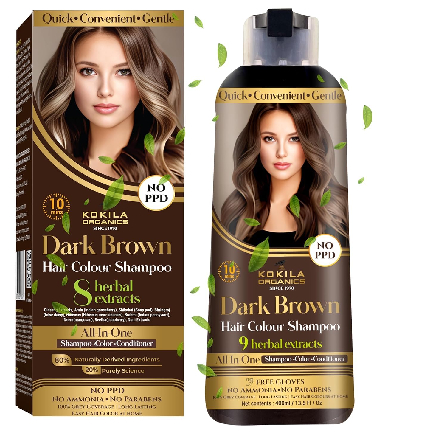Kokila No PPD Shampoo Hair Colour Dark Brown 400ml | Colors Hair in 10 Minutes | Natural Extracts | Ammonia & Paraben Free | Long-Lasting Shine for Women & Men | Includes 10 Pairs Free Gloves