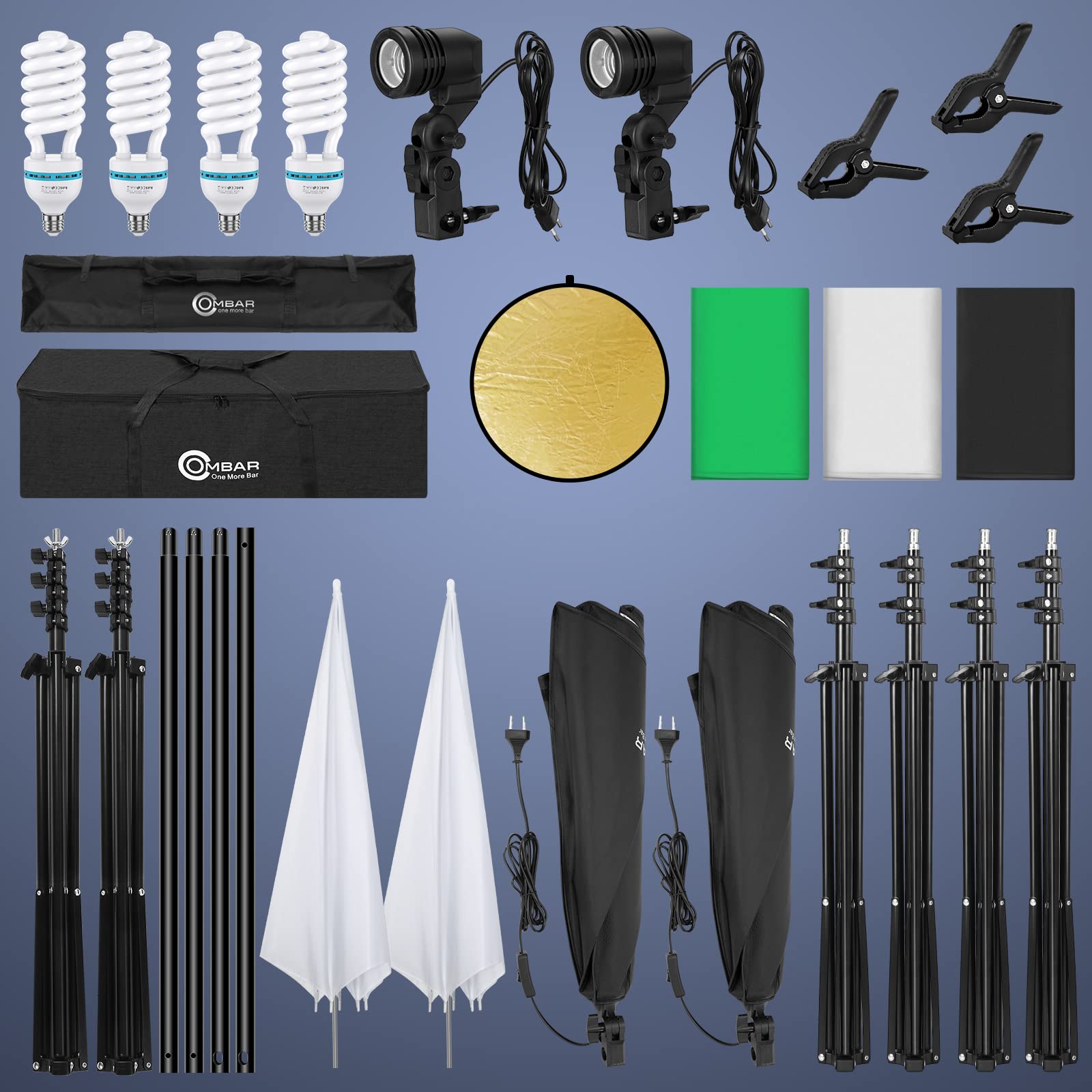 OMBAR Kit Studio Photo et éclairage,Photographie Kit avec 2.6 x 3m Support Fond Photo,4 Ampoules 135W E27 5500K, 2x3 m Fond (Noir Blanc Vert),60cm réflecteurs Parapluie et softbox