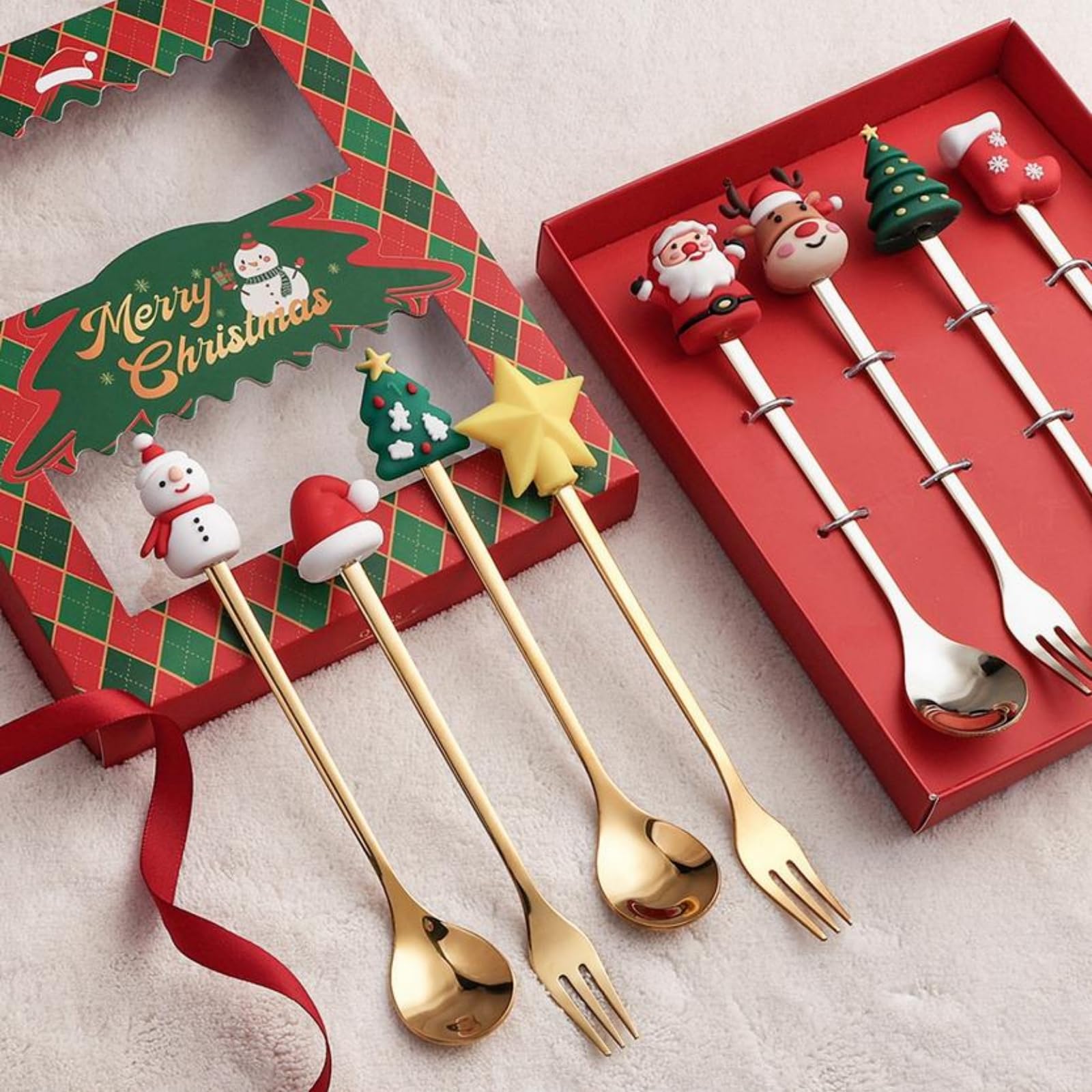 Stainless Steel Christmas Tree Tea Spoon Set - 4pc Elk, Xmas & Holiday Party Supply, Coffee & Dessert Spoon, Stirrer & Ice Cream Scoop