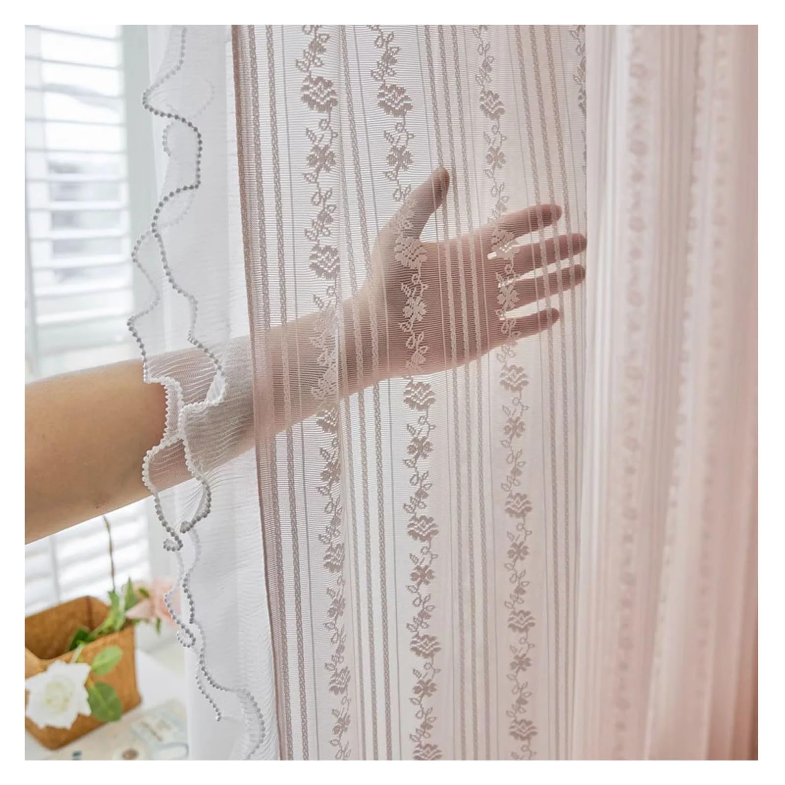 BGHYJKOL Ruffled Curtains Pink Vertical Striped Rose Flower Lace With White Pearl Ruffled Tulle Curtains For Living Room Romantic Princess Bedroom Drapes(W100CM X H180CM(1PC))