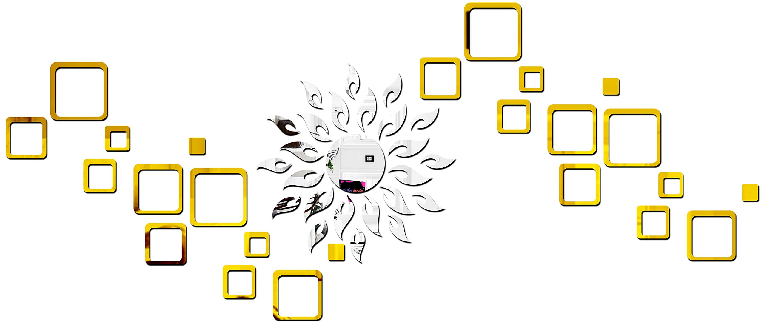 Bikri Kendra Ind - Sun Silver with 24 Square Golden Mirror Stickers for Mirror Wall Decor Sticker, Wall Mirror Stickers, Acrylic Stickers, Wall Stickers for Hall Room, Bedroom, Kitchen.