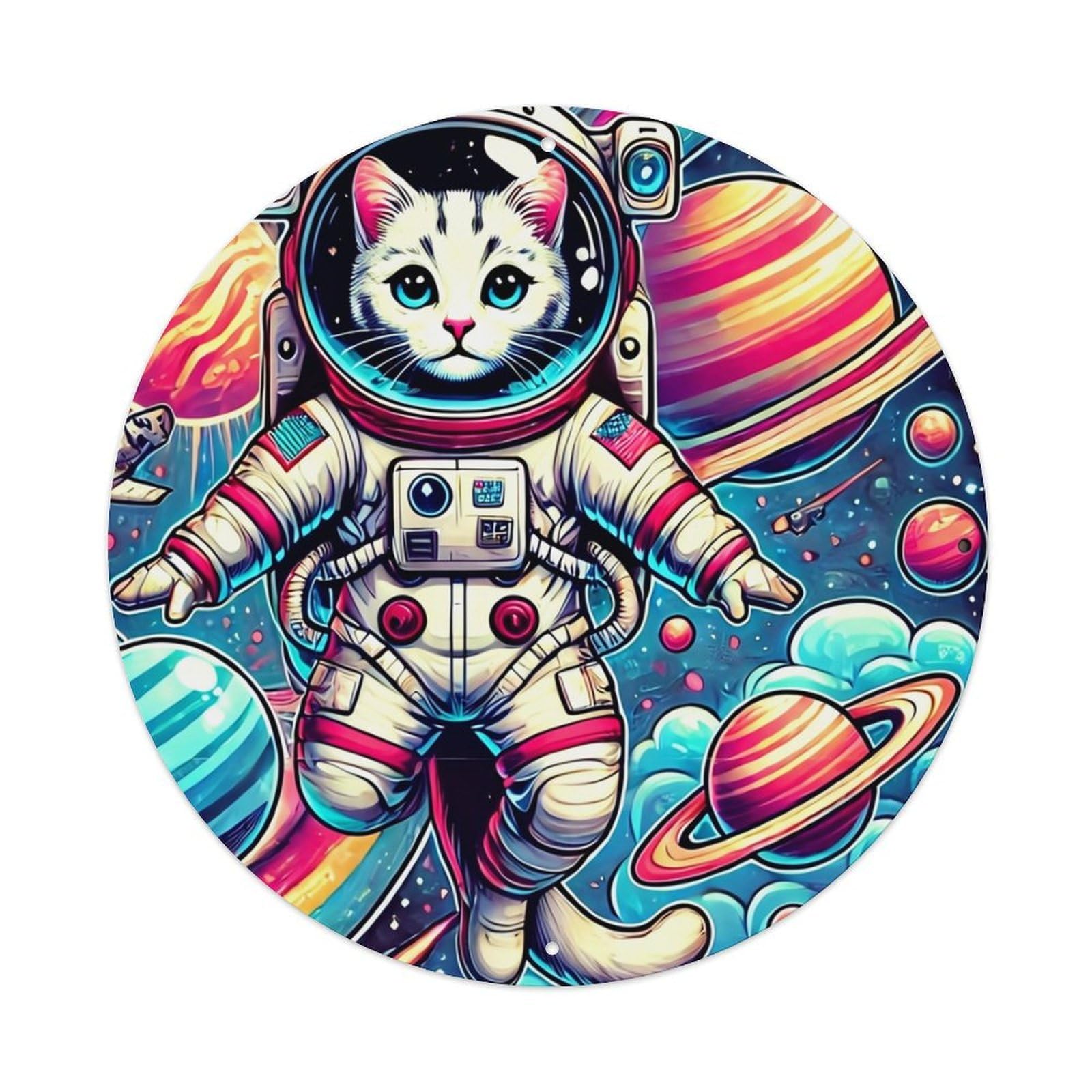 Cosmic Cat Astronaut Space Adventure Retro Metal Sign Round Tin Sign, Vintage Decor Art Poster for Bar, Home, Man Cave, Kitchen, Laundry Room Gift 8x8Inch