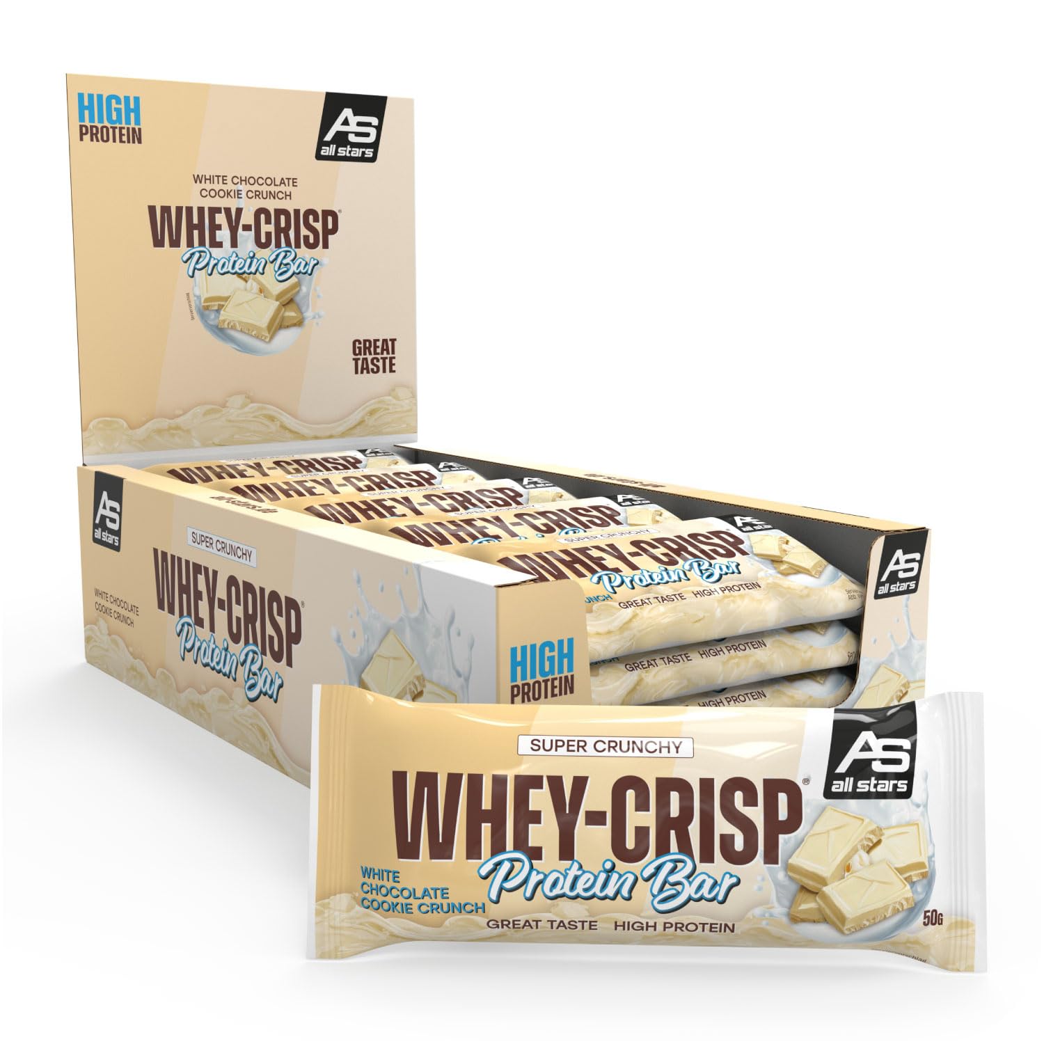 ALL STARS Whey-Crisp Protein Bars - White Chocolate Cookie Crunch - Protein Riegel überzogen mit Schokolade und verfeinert mit Whey-Crispies – mit 15g Eiweiß pro Riegel - 25x50g