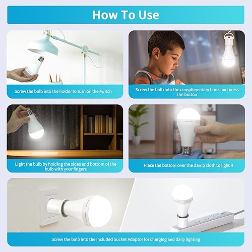 Miniatura 5 de yeload 30 bombillas LED de emergencia recargables con adaptador de enchufe E26E27 bombillas de respaldo de batería blanca de 6500 K para cortes de