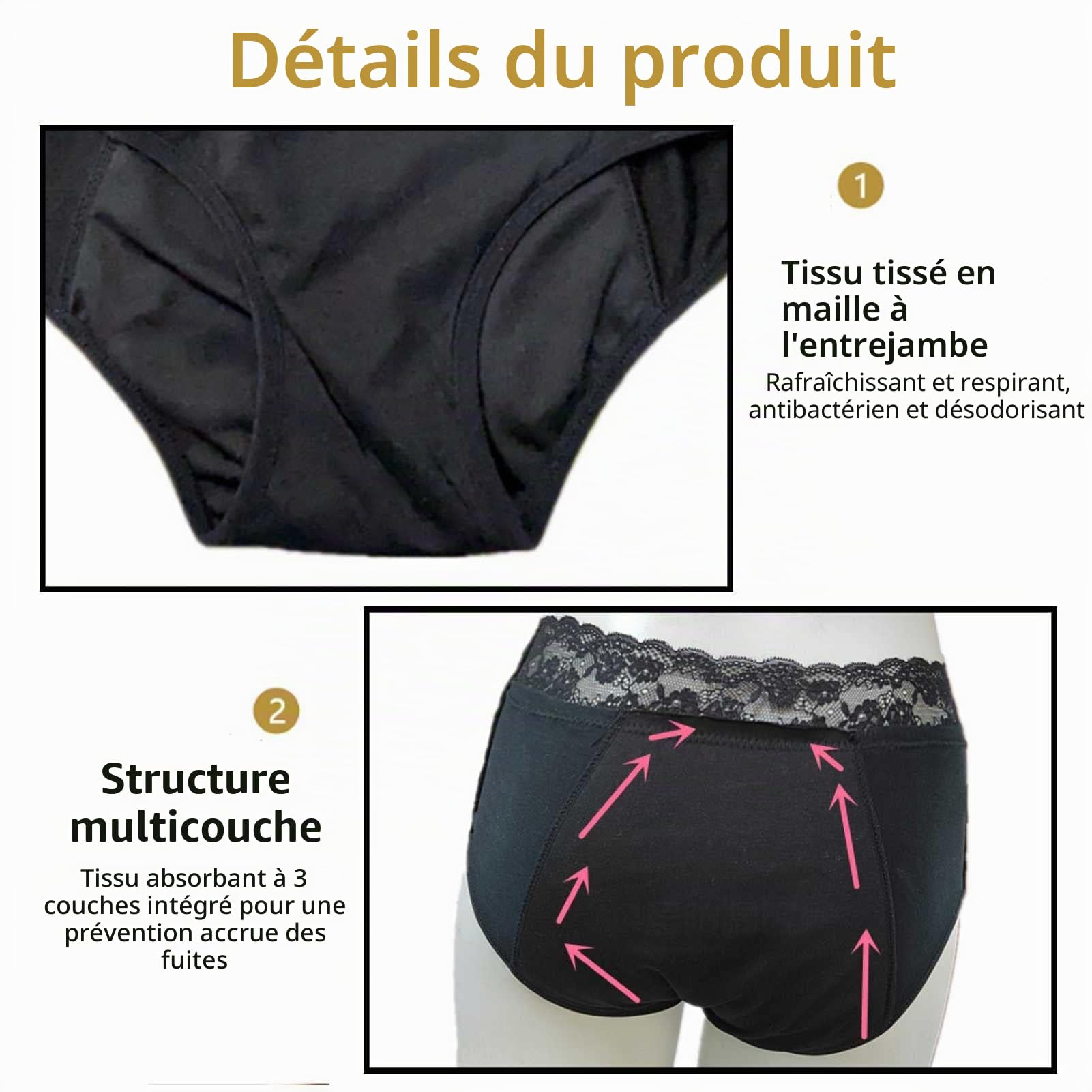 3 Pièces Culotte D'incontinence Urinaire Lavable,sous-vêtements de Soins D'incontinence, Femmes Culotte Menstruelle Femmes sous-Vêtements Coton sous-vêtements Slip