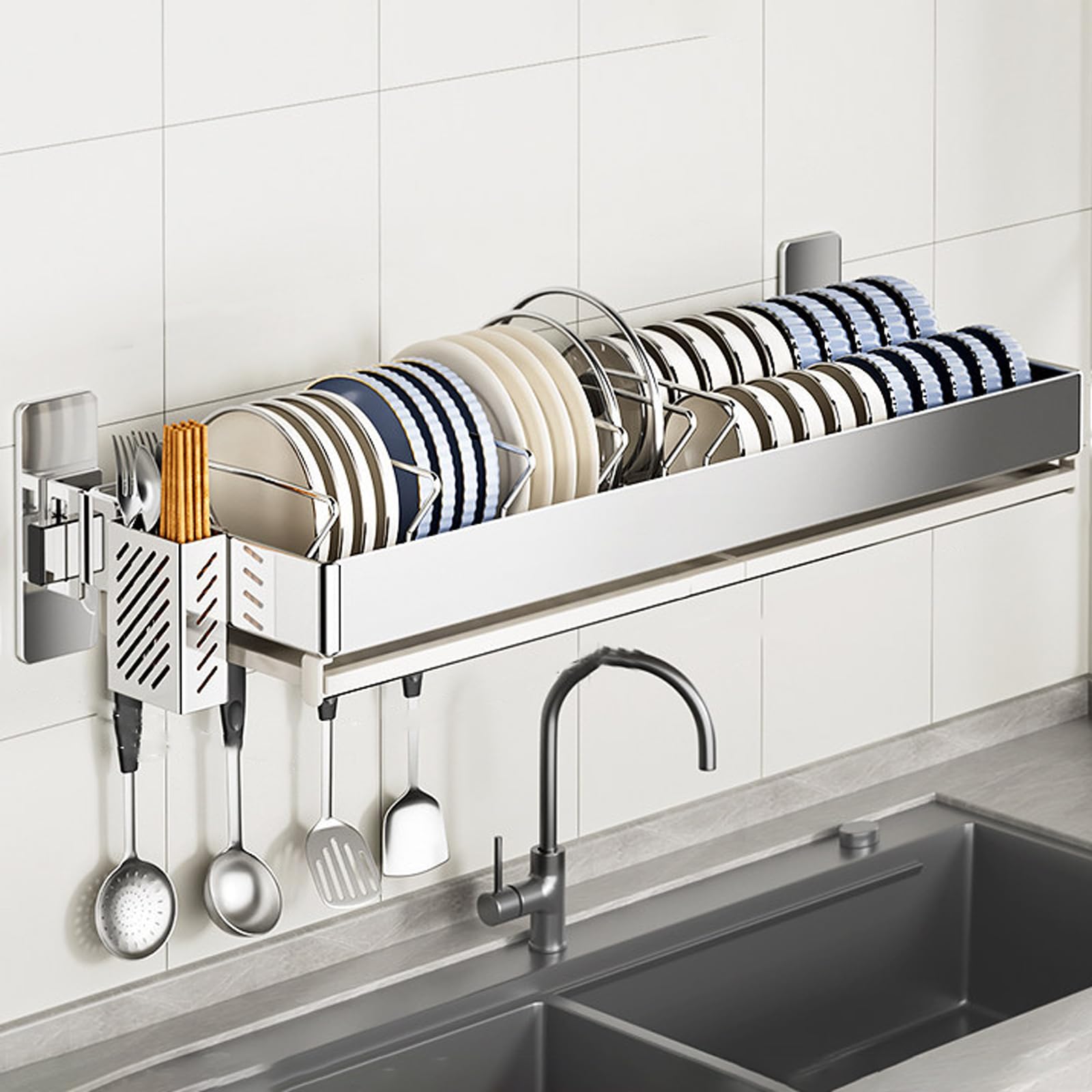Escurridor de Platos de Pared, Rejilla de Secado de Platos de Pared, escurridor de Platos Colgante, escurridor de Almacenamiento de Platos con Bandeja de Goteo, Ahorra Espacio, para Platos,