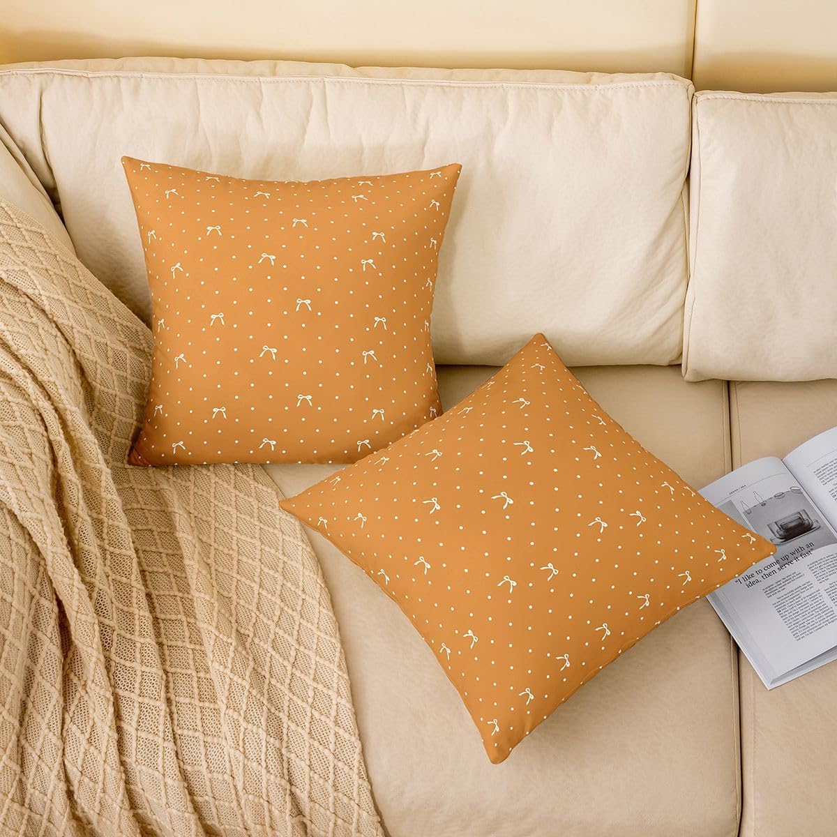 Manfei Bowknot Pillow Cover,Cartoon Cute Bow Tie Pattern Throw Cushion Cover 20"x20",Sweet Princess Romantic Cushion Case for Girls Women Room Decor,Orange Cushion Coves Single Pack image 2