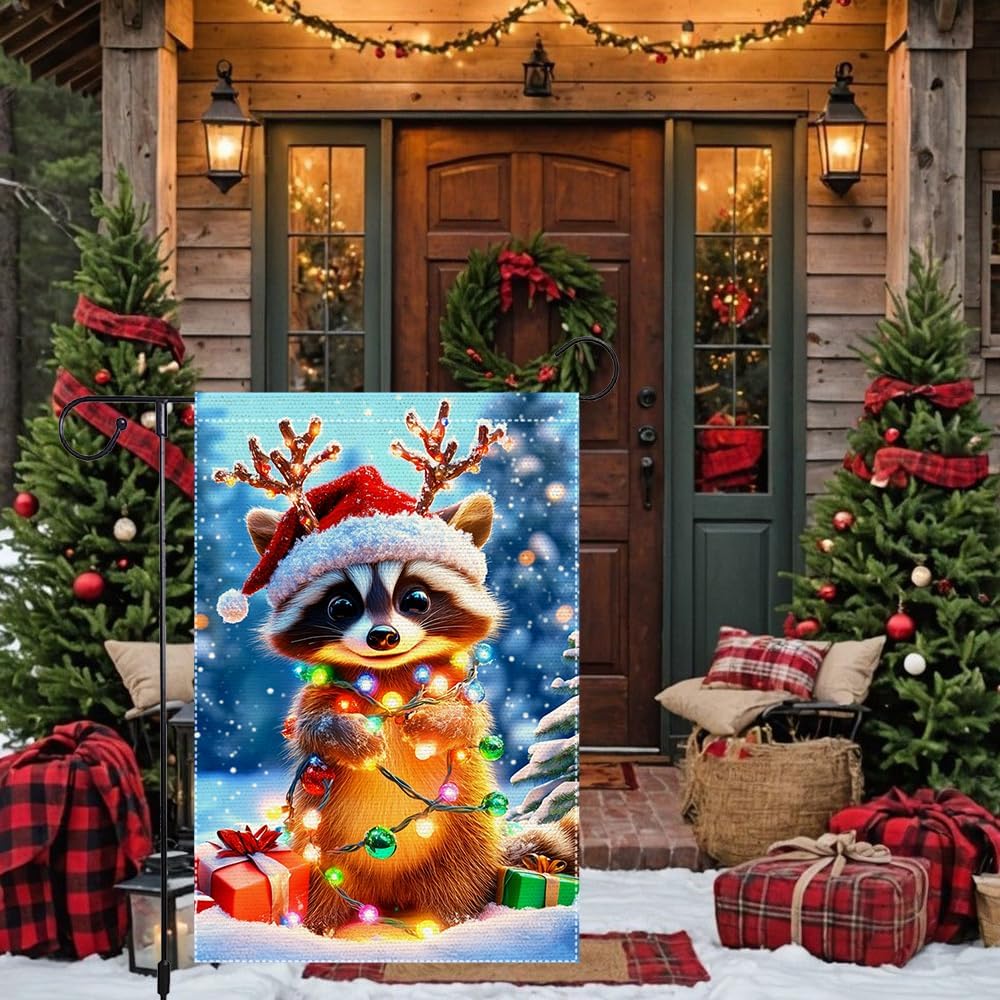 Christmas Garden Flag 12x18 Inch Double Sided Burlap Raccoon with Santa Hat and Lights Cute Winter Outdoor Yard Decoration for Holiday Porch Lawn Farmhouse Decor - Image 8
