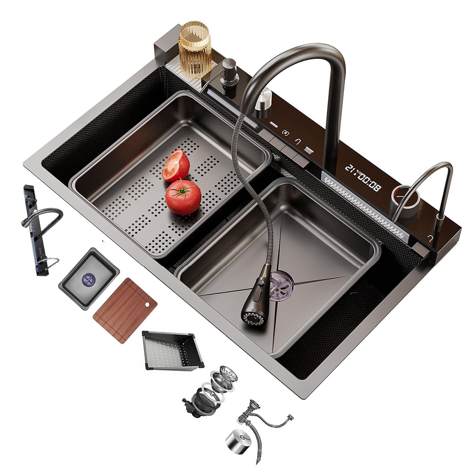 ZQFHSX Kitchen Sink Stainless Steel Home vegetable wash basin Workstation With Pull-Out Faucet Two Waterfall(68 * 46CM)