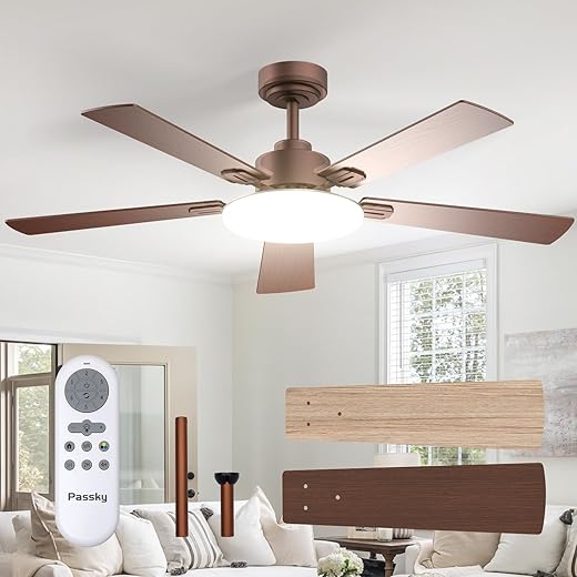 Passky Ceiling Fans with Lights, 52 inch Sleek Ceiling Fan with Light and Remote Control, 3CCT, Dimmable, Reversible, Noiseless, Brown Ceiling Fan for Bedroom, Living Room