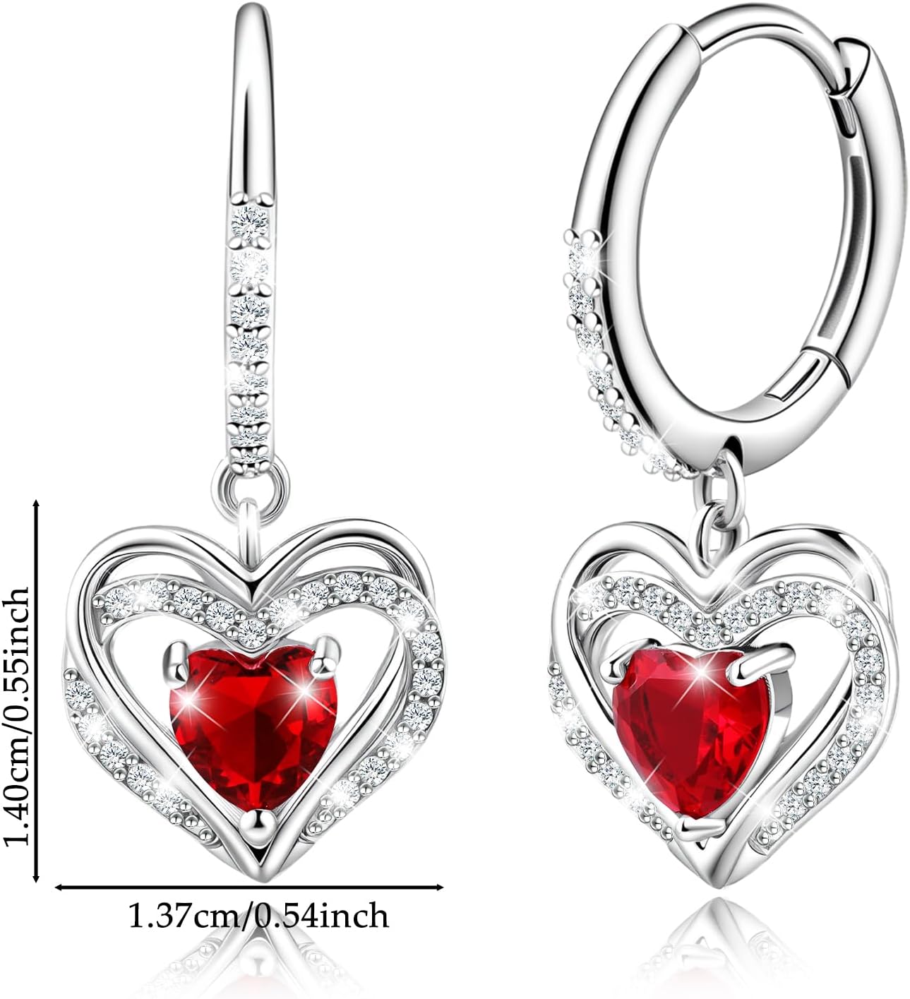 Sterling Silver Heart Hoop Earrings - Red Cubic Zirconia Hoop Earrings Hypoallergenic Sparkle Double Heart Earring Fashion Jewelry Gifts for Her Wife Mom - Image 6