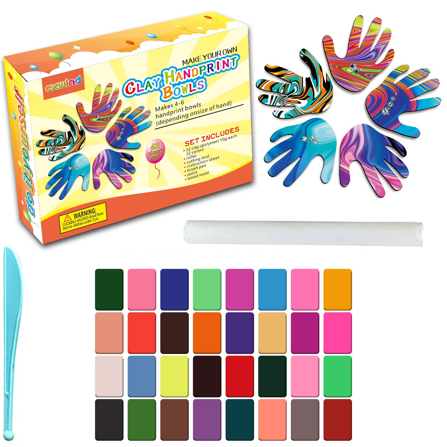 cxwind DIY Clay Handprint Bowls kit- Make Your Own Fun Clay Jewerly Bowls 42 Pieces Set Marbled Arts and Crafts Kit Gifts for Girls Kids 8-12