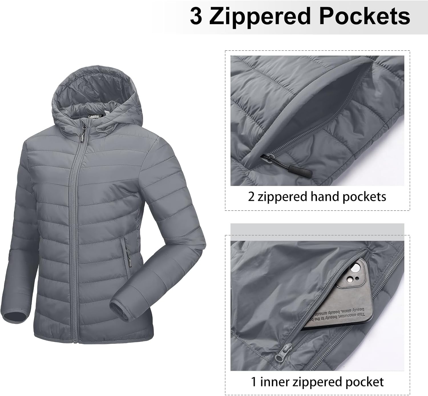 Outdoor Ventures Women's Packable Lightweight Full-Zip Puffer Jacket with Hood Quilted Winter Coat - Image 3