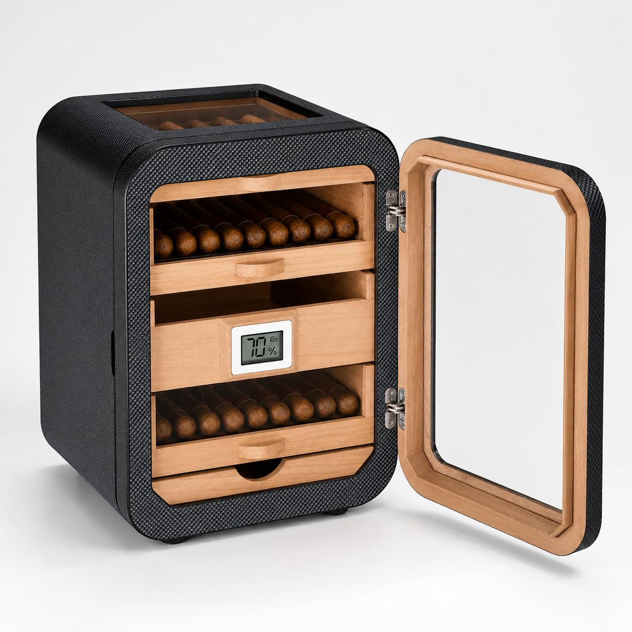 Humidificador electrónico para puros con higrómetro, humidificador, capacidad para 110 puros y circulación de aire de 360 grados (negro B)