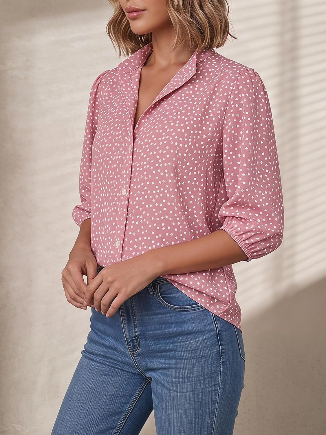 Women's Elegant Floral Button Down Shirts Puff Half Sleeve Boho Vacation Blouse Summer Work Tops