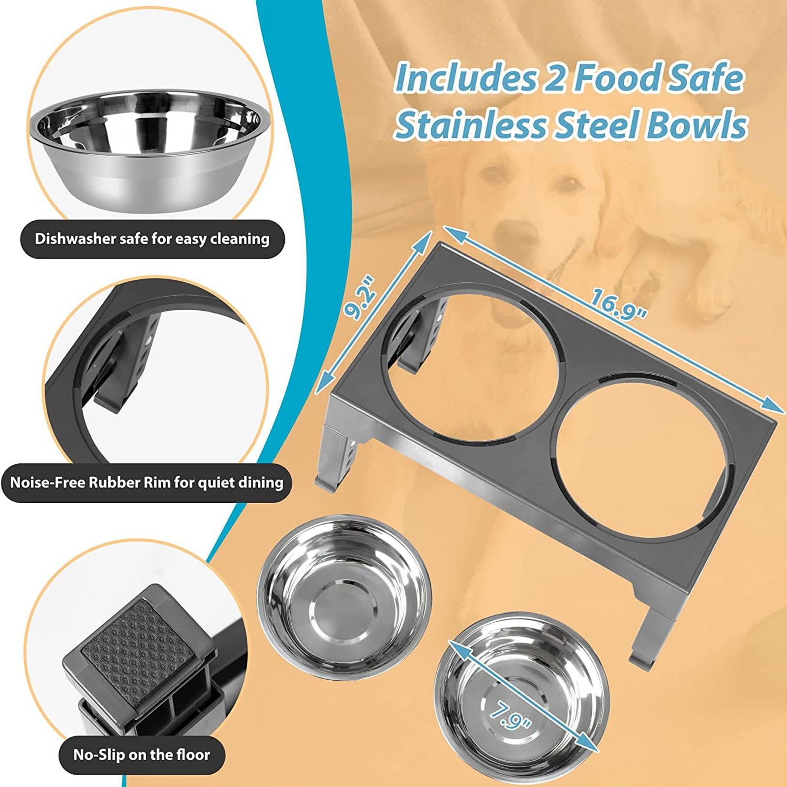 comederos para Mascotas, Comederos elevados for Mascotas, Soporte for comedero Elevado for Gatos, antivómitos, con 2 Cuencos Gruesos de Acero Inoxidable Antideslizantes.