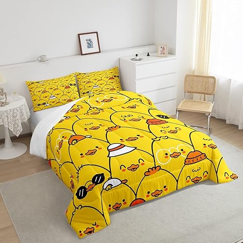 Miniatura 4 de Erosebridal Lindo juego de edredón de pato, juego de ropa de cama de pato amarillo de dibujos animados para niños y niñas, bonito edredón de pollo
