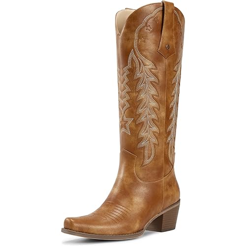 wetkiss Cowboy Boots for Women Knee High Cowgirl Boots Retro Embroidered Chunky Heels Pointed Toe Western Long Tall Boot Pull On