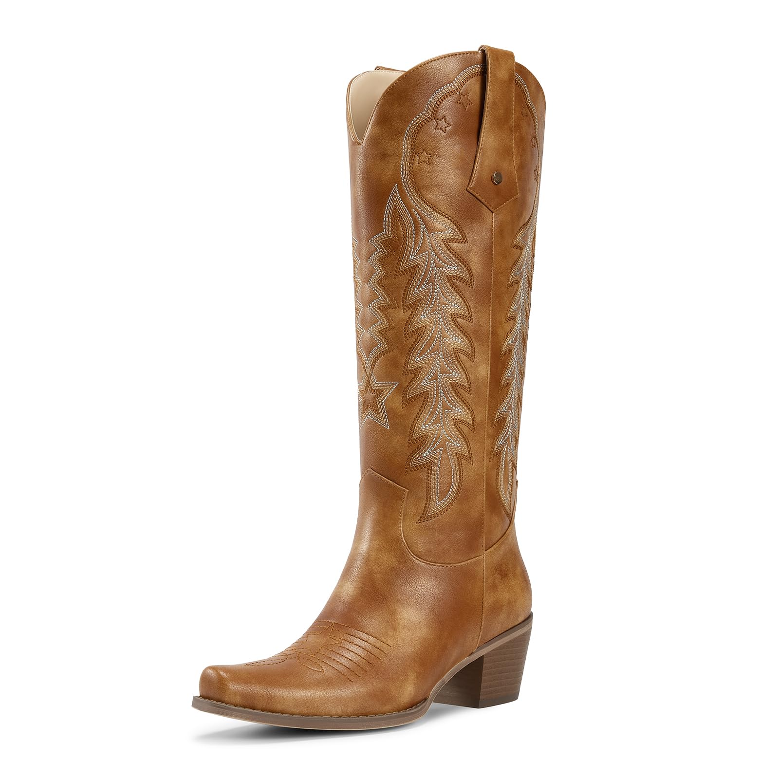 wetkiss Cowboy Boots for Women Knee High Cowgirl Boots Retro Embroidered Chunky Heels Pointed Toe Western Long Tall