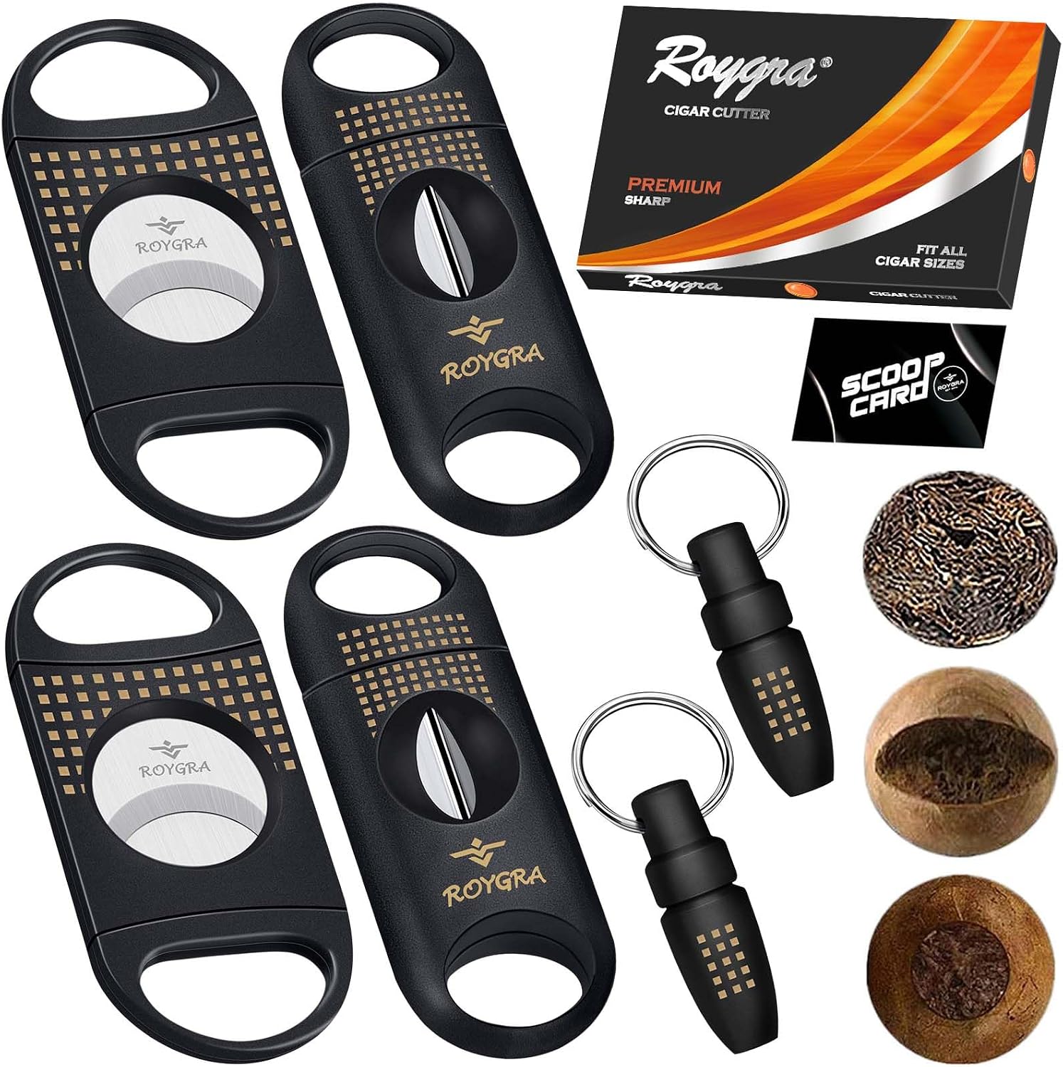 roygra Cigar Cutter Set (6 Pack), Cigar Accessories for Men - Enlarged 65 Ring Guillotine x 2, Enlarged V-Cut x 2 Fit All Cigars, Punch Tool x 2 - Smoking Accessories, Portable Sharp Clean Cut