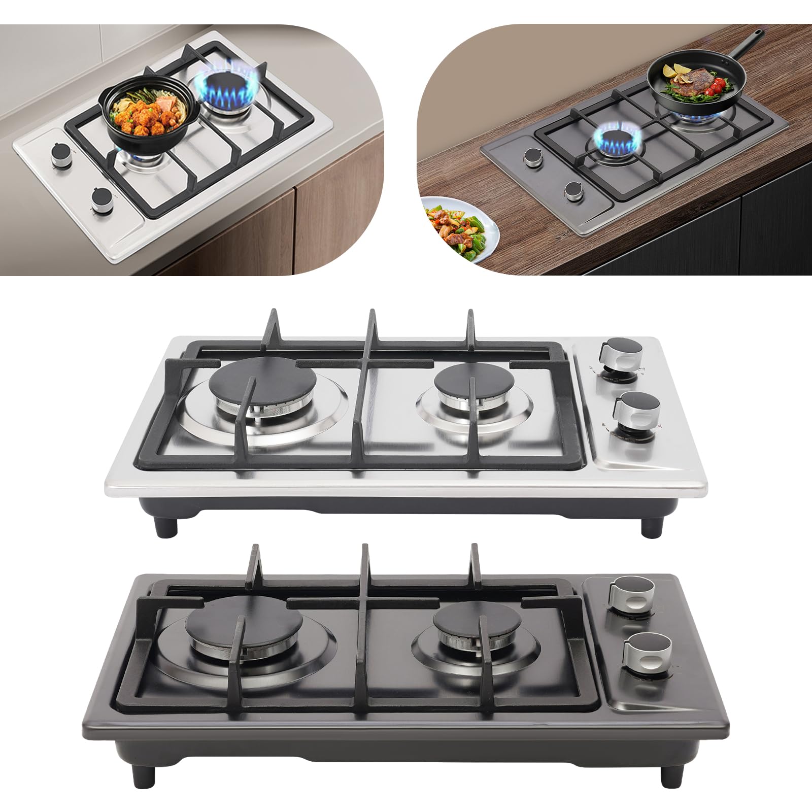 Hornillo de gas para camping, estufa de gas, 2 fuegos, 3 KW + 1,75 kW, doble quemador, compatible con LPG NG, mesa de acero inoxidable, encendido por pulsos, RV, camping, barbacoa, cocina al aire