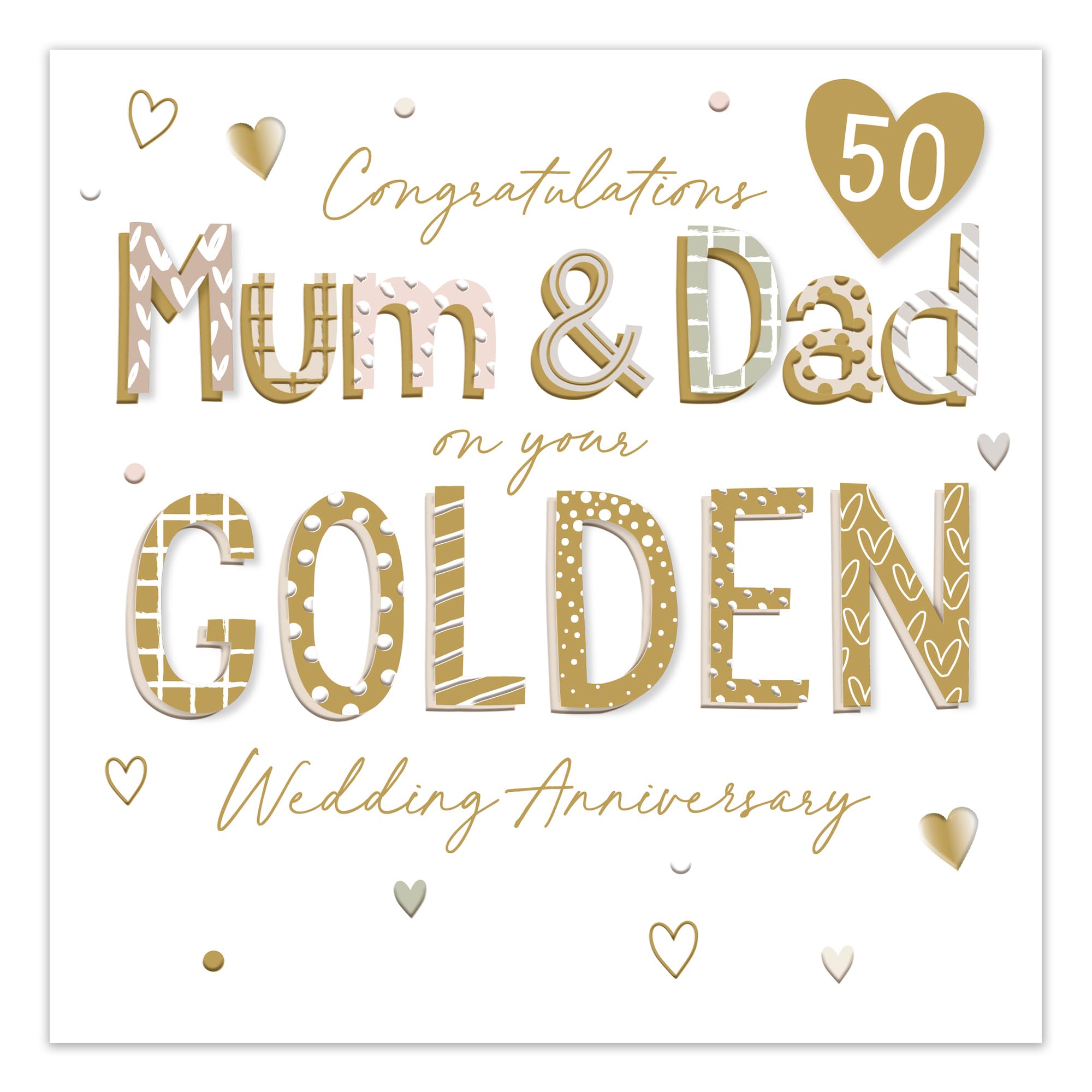 Ling Design Golden Wedding Anniversary Card for Mum and Dad - 50 Years - Elegant Love Heart Design - 3D Embellishments, Embossed Foil Finish - Premium Greeting Card with Envelope