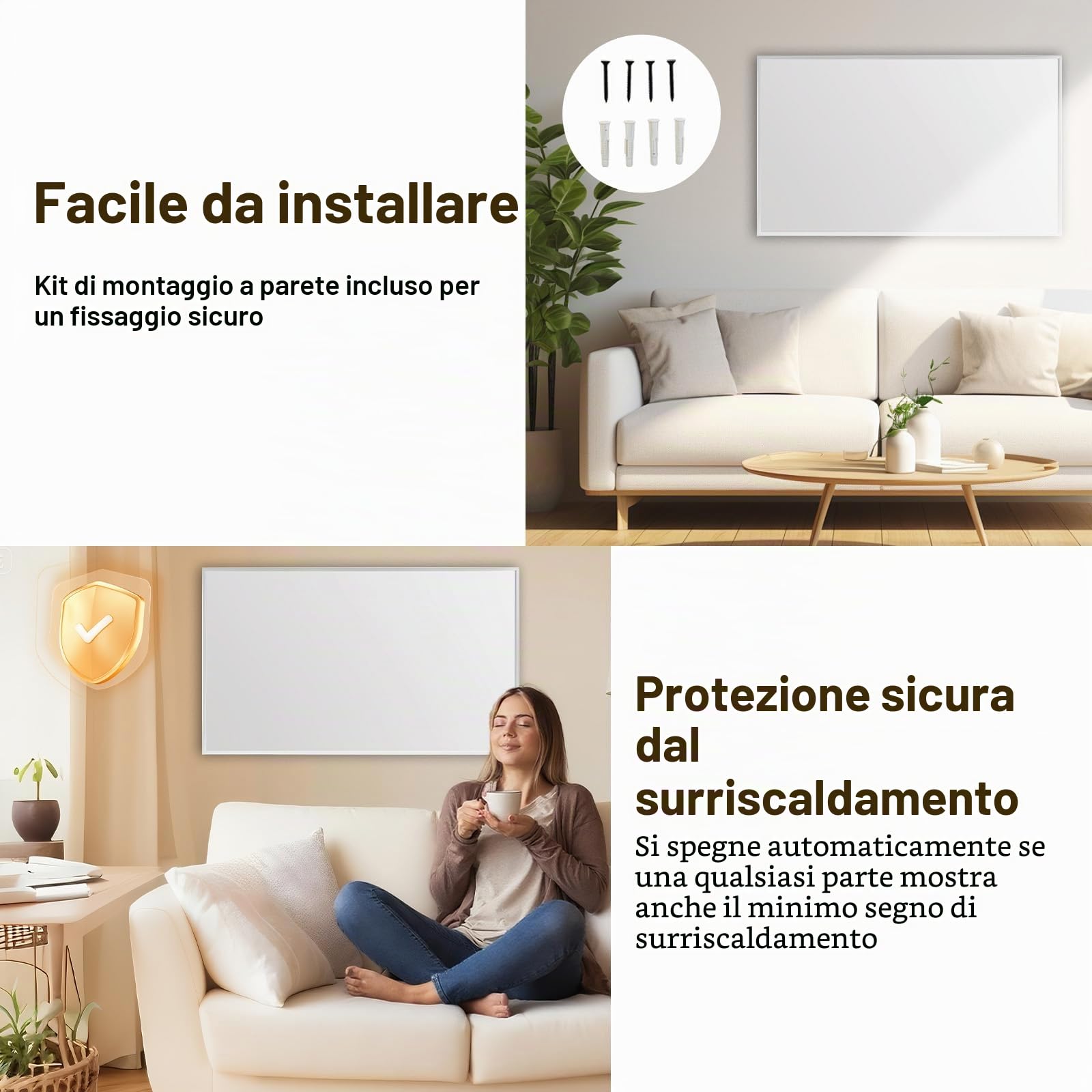 Pannello Radiante Infrarossi 800W con Controllo Intelligente, Riscaldamento a parete a infrarossi a risparmio energetico - Controllo dell'app WLAN con Telecomando - TÜV