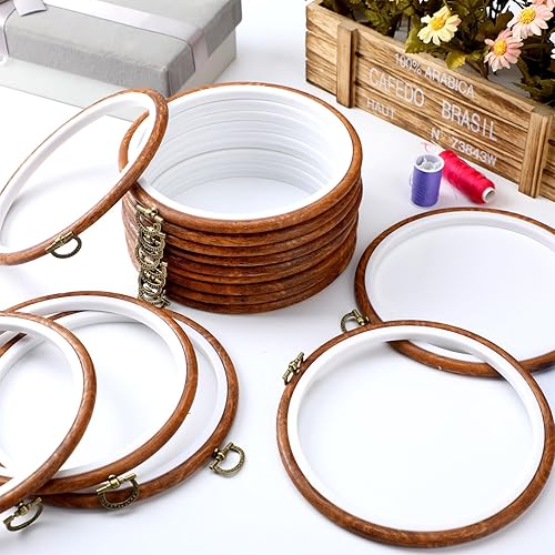 Miniatura 6 de Burbell 15 aros redondos para bordar, anillos de goma, anillos de punto de cruz, marcos de adorno de madera imitada, kits de marcos de exhibición