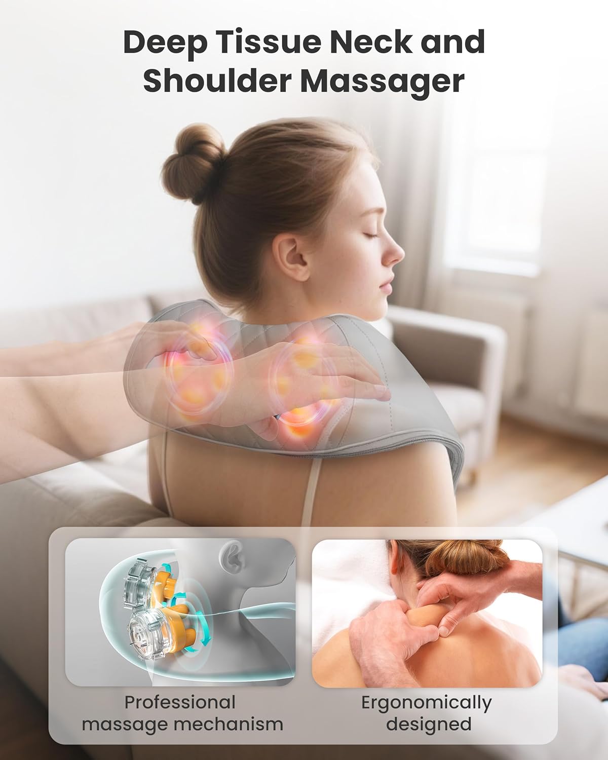 Snailax Cordless Neck Massager with Heat, Shiatsu Neck Back Massager for Pain Relief Deep Tissue, Rechargeable 4D Knead Shoulder Massager Pillow, with Portable Carry Bag, Gifts for Mom, Dad neck massager SL-655-NC