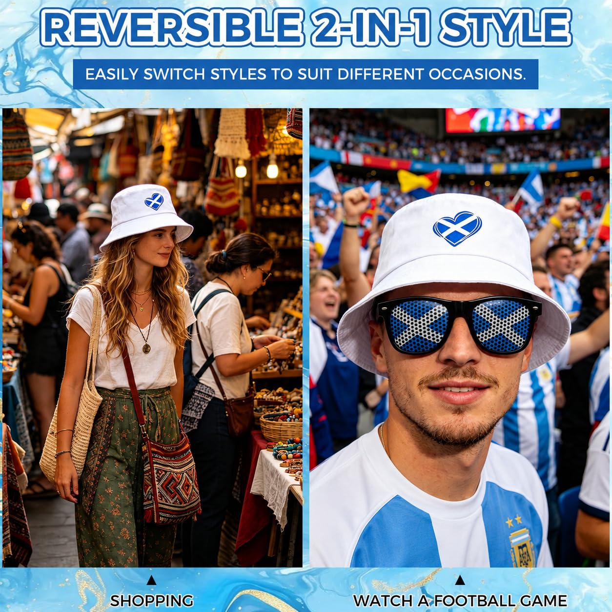 Scotland World Cup 2026 Merchandise Set with Reversible Scotland Bucket Hat, Saltire Sunglasses & Flags - Scottish Fan Gear for Men and Women at Pub, Stadium or Football Party — view 3