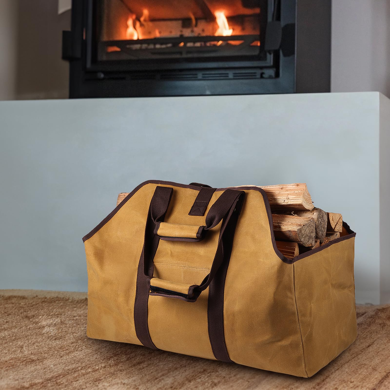 BONTHEE Extra Großer Kaminholzträger Holzkorb Brennholztasche Tragetasche aus Segeltuch mit 2 Griffe - Erdgelb