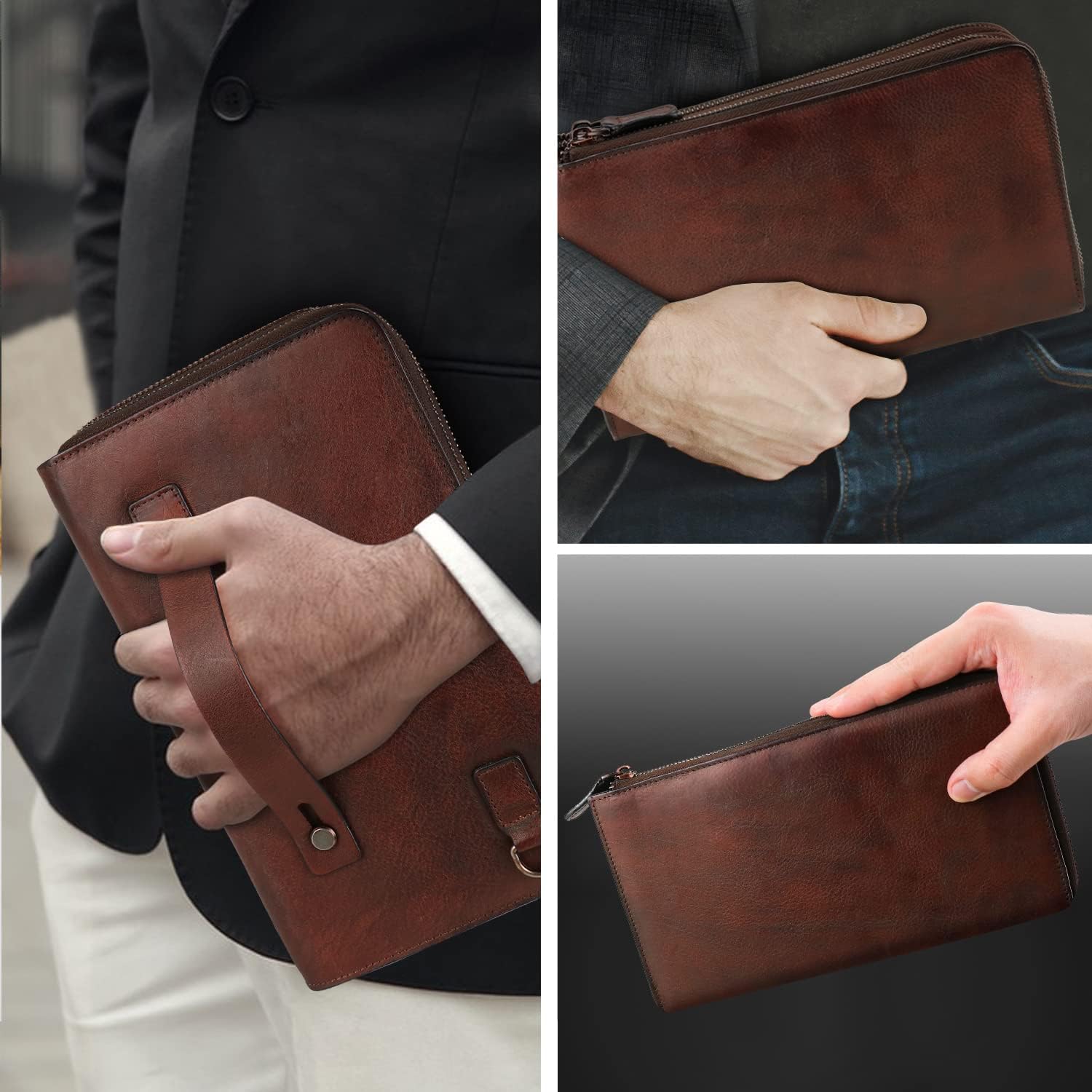 ORIREAL Mens Wristlets Clutch Bag Leather Wallets Handbag Luxury Purses(coffee) - Image 2