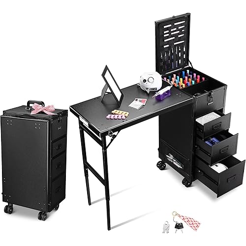 BYOOTIQUE Black Portable Nail Station with Storage Two-Way Removable Tabletop Foldable Manicure Desk Station on Wheels for Makeup Artisr Manicurist Beauty Salon Esthetician Barbershop Hairstylist