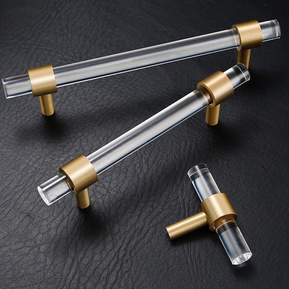Goldfarbene Schrankknöpfe Arylic Schranktürknöpfe Messing runder Acryl-transparenter Schrankgriff Moderner Stil Küchenmöbel-Türgriffe ziehen T-Stab-Schubladen-Zugknöpfe (Lochabstand: 192 mm) (Gold-Loc