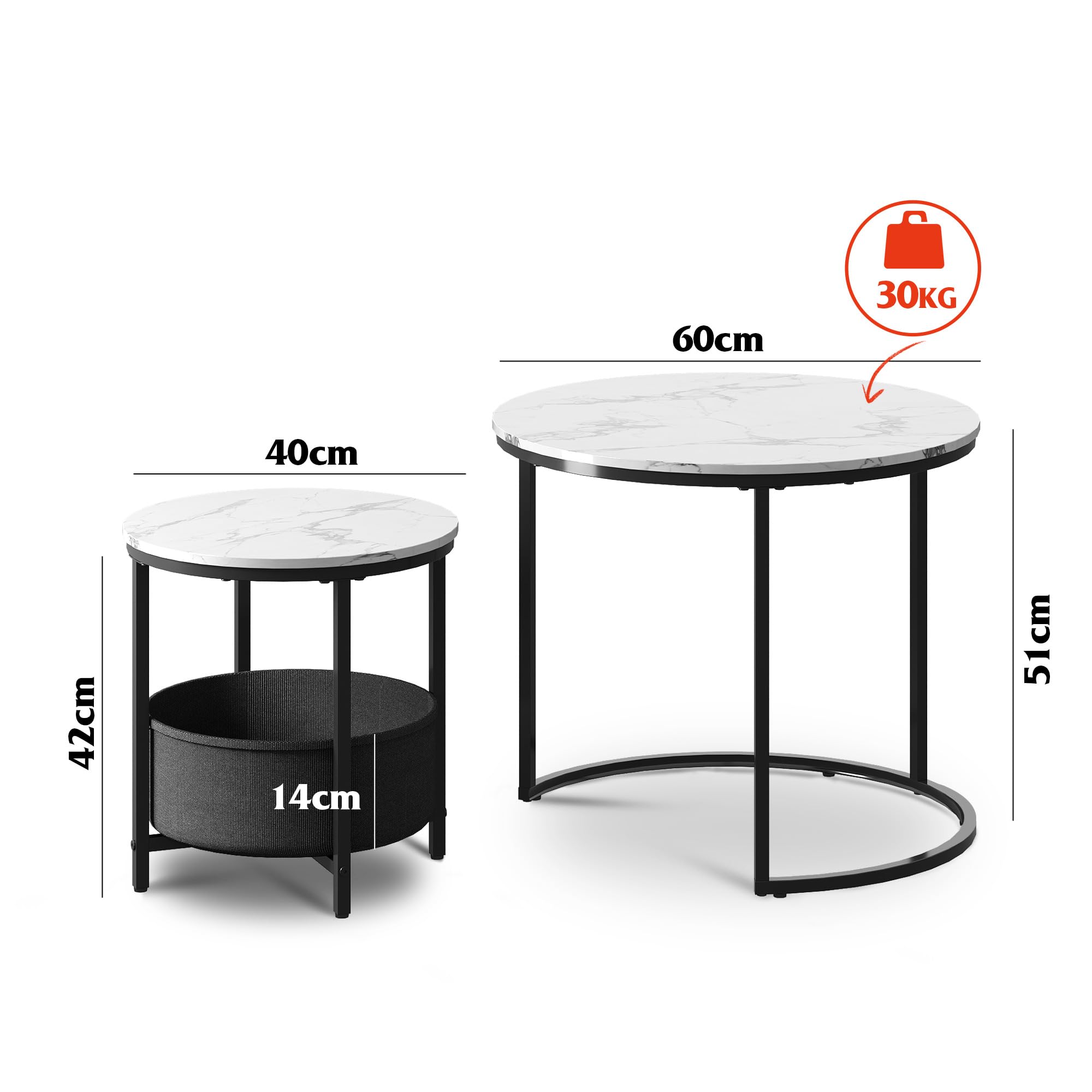 WLIVE Couchtisch 2er Set, Beistelltisch Rund mit Stauraum, Wohnzimmertisch Holz mit Metallrahmen, Sofatisch für Wohnzimmer Schlafzimmer (Marmor Weiß, 60 cm und 40 cm Durchmesser)