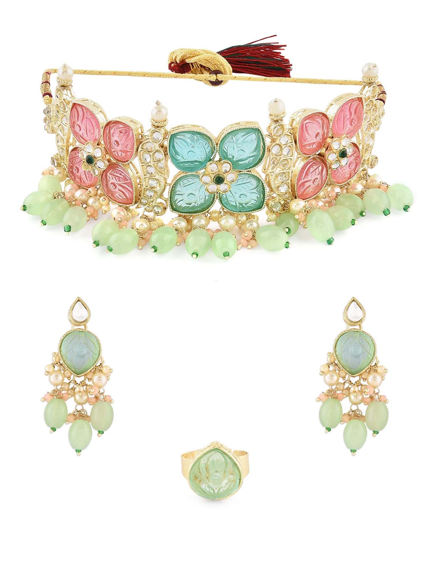 ZAVERI PEARLS Multicolor Stones & Cluster Beads Drop Kundan Choker Necklace Earring & Ring Set For Women-ZPFK16082 (B0C4H4T943) Amazon Price History, Amazon Price Tracker