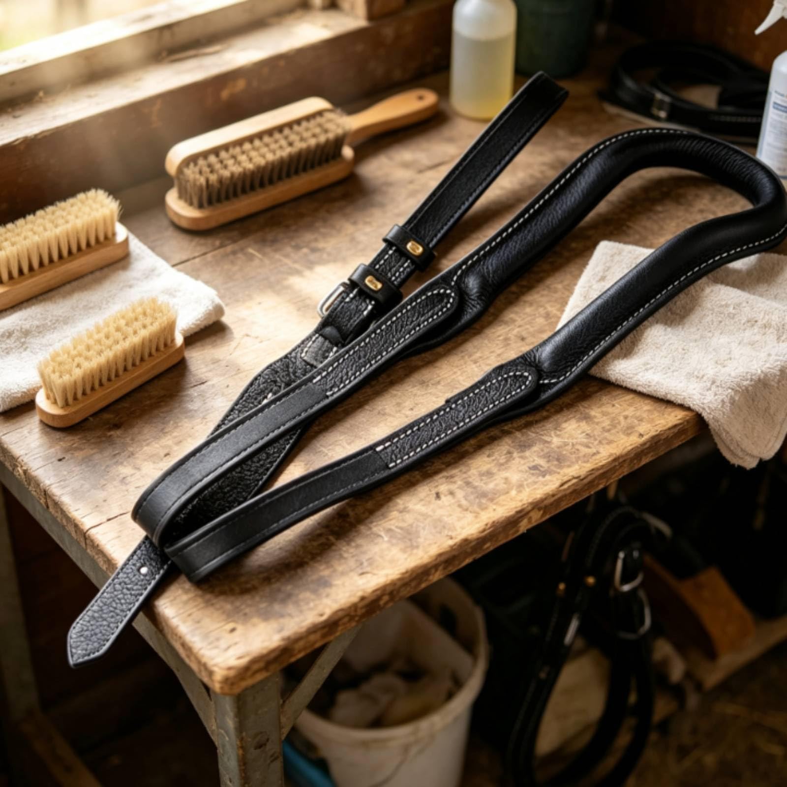 kowaku Cinturino da Selleria con Fibbia Cuciture Bianche Cinturino Regolabile in Pelle Presa Stabile Attrezzatura Equestre , Nero , L