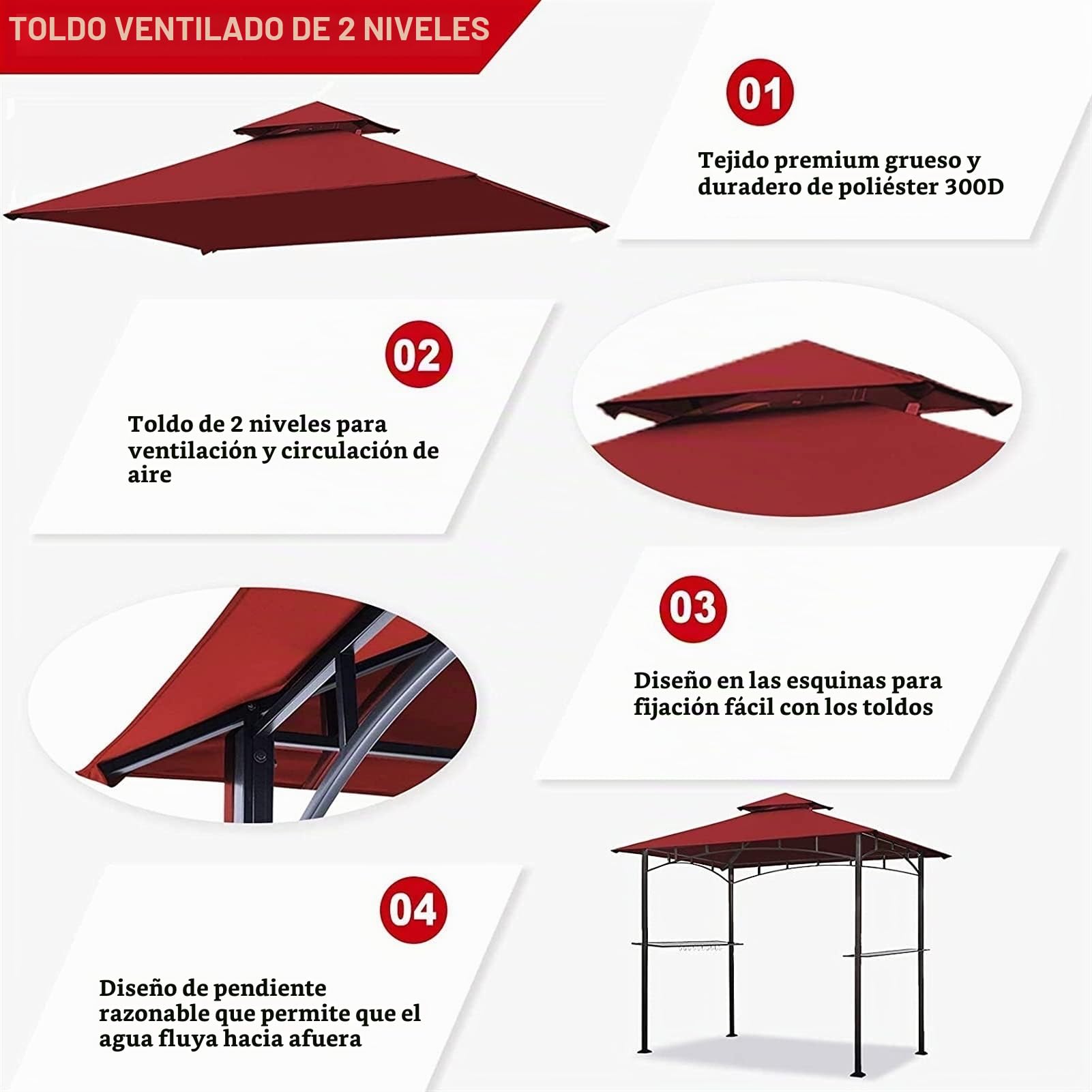 Telo di ricambio per Gazebo 3x3m Tetto da giardino impermeabile Tenda da tetto, Griglia per Barbecue Gazebo da tetto Tetto 2 livelli Copertura giardino Tenda da Sole per esterni Ripari (Solo IN Alto)