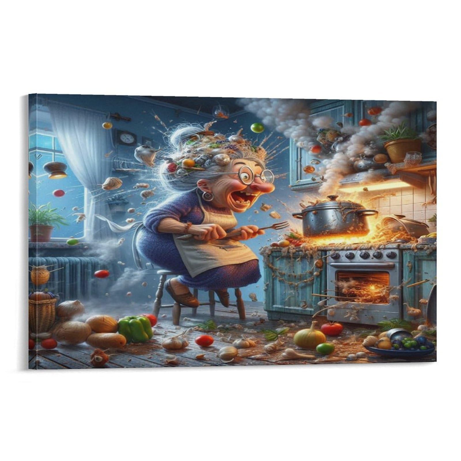 CPLVKWRQJ Crazy Chef Chaos Individual Granny Messy Kitchen Canvas Artwork - Bedroom Canvas Painting Easy to Clean Space Transformer Decor 08x12inch(20x30cm)