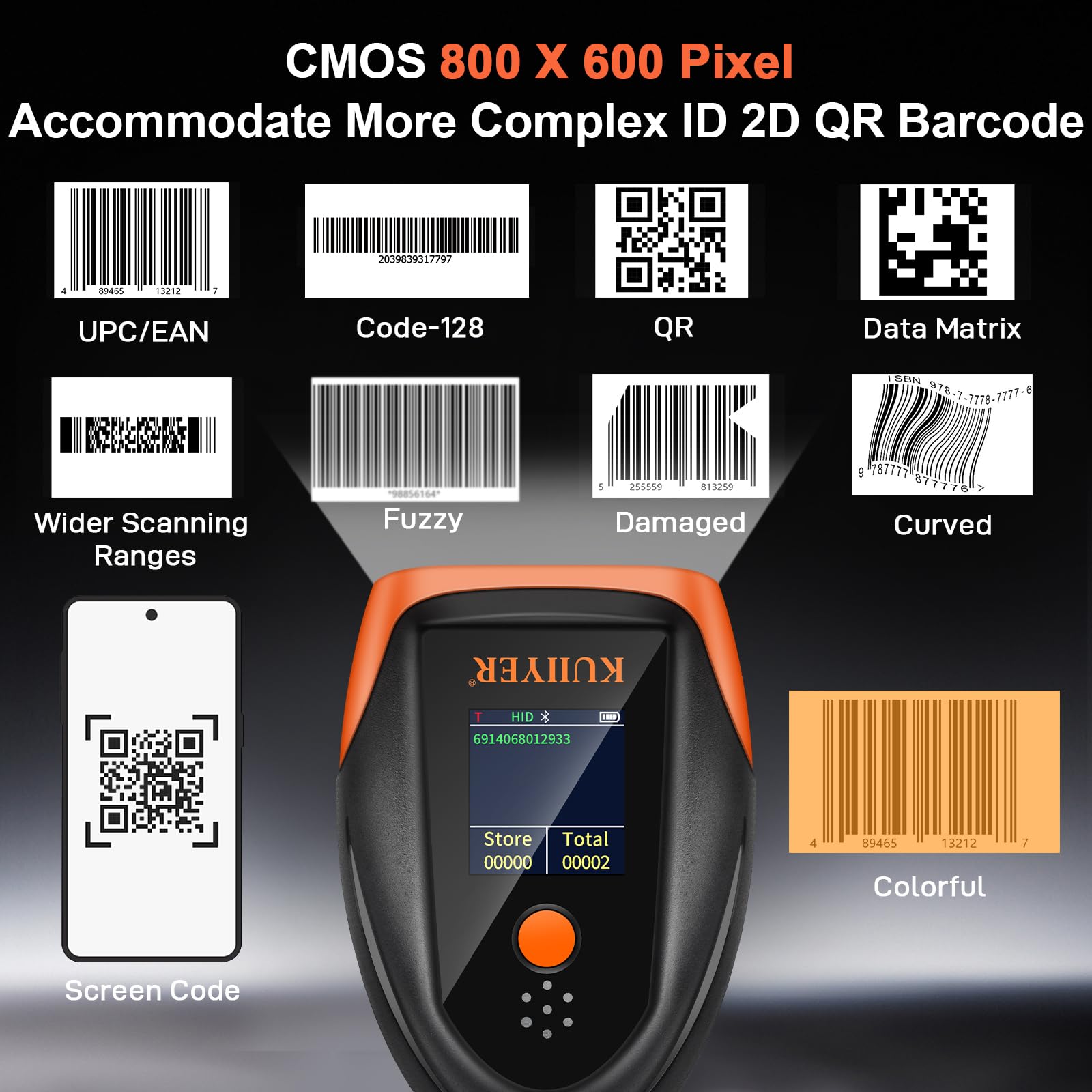 Inateck Lector Codigo Barras Bluetooth,Escaner Codigo De Barras 2D 1D,QR Lector Codigo Barras Con Pantalla Táctil Y Base Inteligente,CMOS+CCD Duales Módulos, Compatible Con App SDK,P8